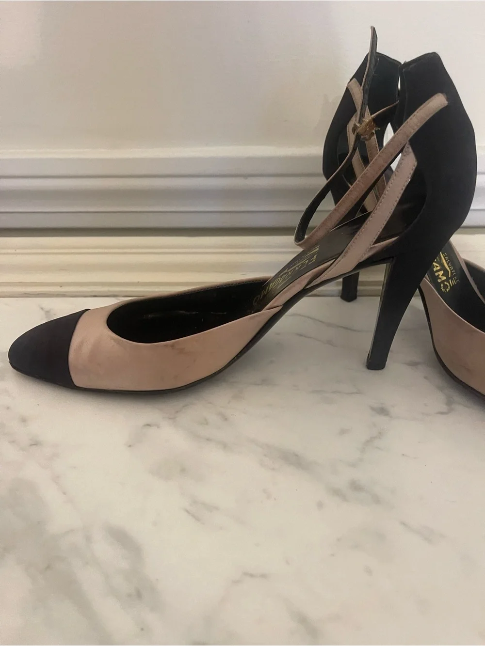 Salvatore Ferragamo Two-Tone Beige and Black Ankle-Strap Pumps